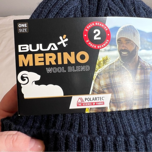New merino wool blend polartec beanie set of 2 tan navy - Picture 3 of 5